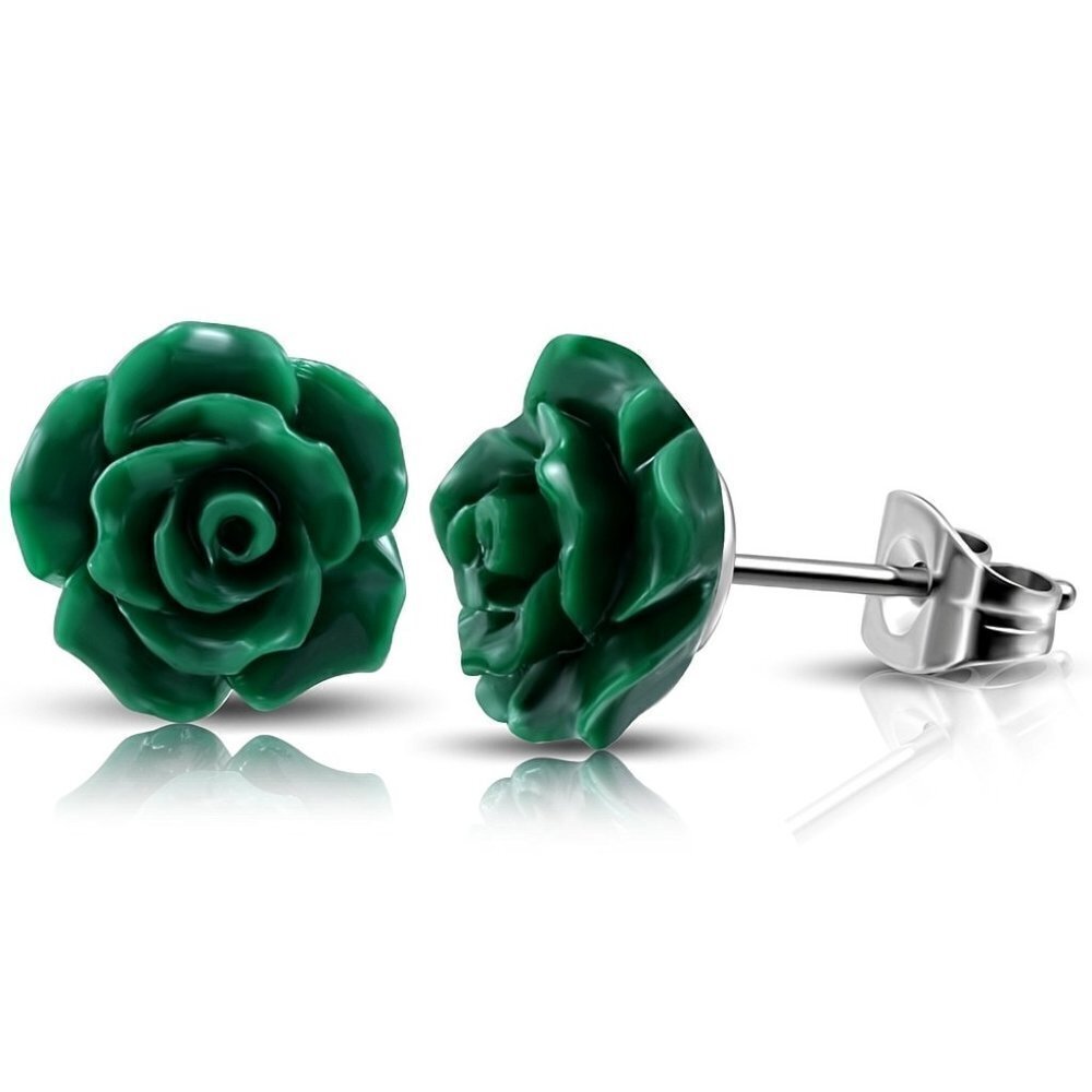 Earrings--DARK Green Rose Studs - Picture 2 of 3